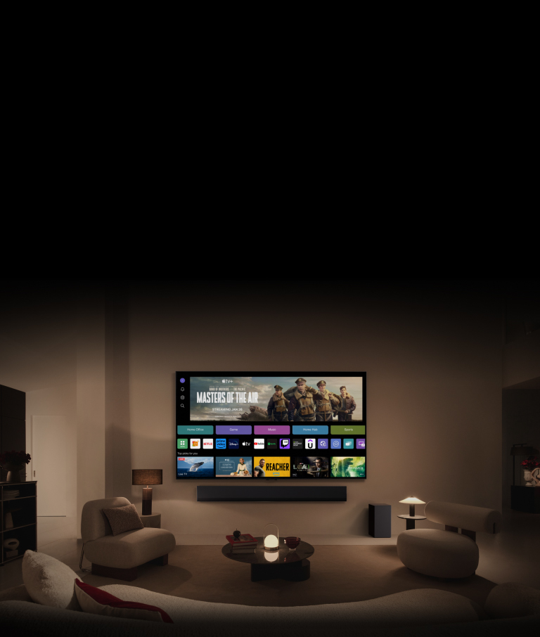 "Uy ofisi, Oʻyin, Musiqa, Uy xabi va Sport toifalariga ega webOS 24 bosh ekrani. Ekranning pastki qismida ""Siz uchun eng yaxshi tanlovlar"" ostida moslashtirilgan tavsiyalar ko‘rsatiladi.	  "