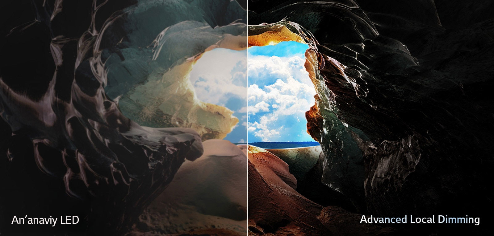 Moviy osmon va ufq ko‘rinadigan g‘orning ichki qismidan uning kirish qismiga qaragan ko‘rinish. QNED Advanced Local Dimming qobiliyatini ko‘rsatish uchun butun sahna ikkiga bo‘lingan. Bir tomonda, ranglar va tafsilotlar chaplangan va vizual effektlar xira ko‘rinadi. Yorliqda “Oddiy LED” deb yozilgan. Boshqa tomondan, u mukammal qora rangga, yaxshilangan kontrastga, yorqinlik va ranglarni ko‘rsatishga ega. Yorliqda “Advanced Local Dimming” deb yozilgan. 
