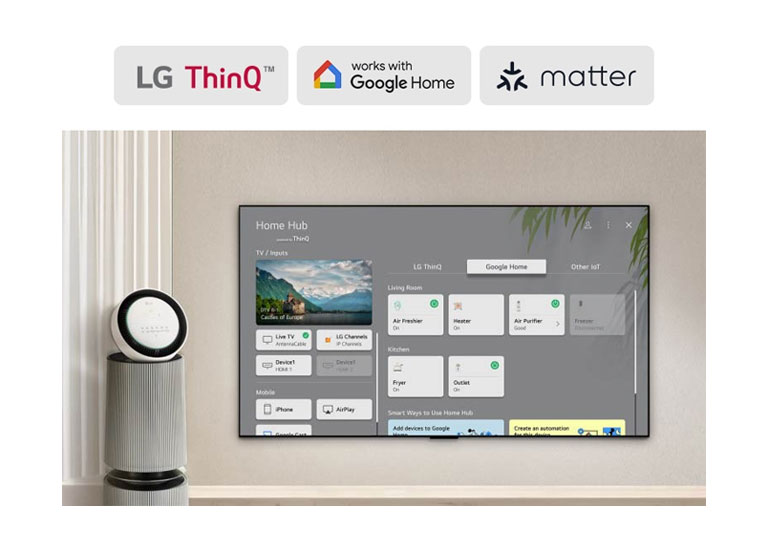Ekranda Home Hub bo‘lgan LG TV. UI Google Home, ThinQ va boshqa IoT-ni televizoringizda qanday qilib barcha aqlli qurilmalaringizni osongina boshqarishingiz mumkinligini ko‘rsatadi.