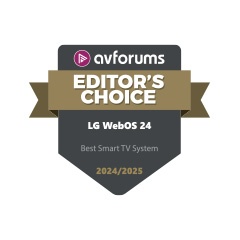 2024/2025-yilgi eng yaxshi Smart TV tizimi sifatida LG webOS 24 uchun “AVForums Editor's Choice” logotipi. 