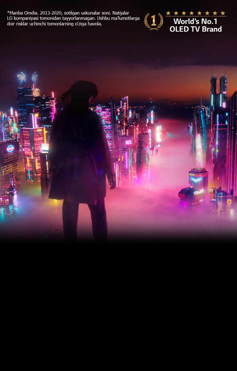 Ustiga porlab turgan pushti daraxt tasviri tushirilgan OLED televizori ramkasidagi kadr. Yuqori oʻng burchakda “OLED-televizorlari orasidagi Brend №1” logotipi tushirilgan. Pastki oʻng burchakda “Texnologiya ThinQ AI” logotipi joylashtirilgan. Yuqori chap burchakda “LG OLED evo” logotipi joylashgan. Pastki tarafning markazida BATAFSIL tugmasi bor.