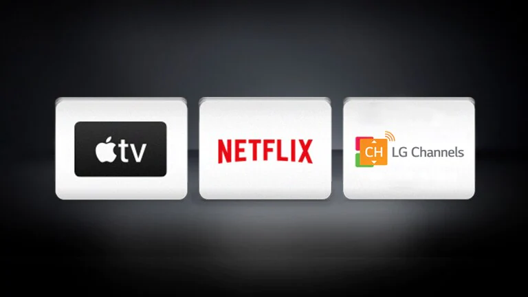 LG Channels, Apple TV va Netflix logotiplari qora fonda.