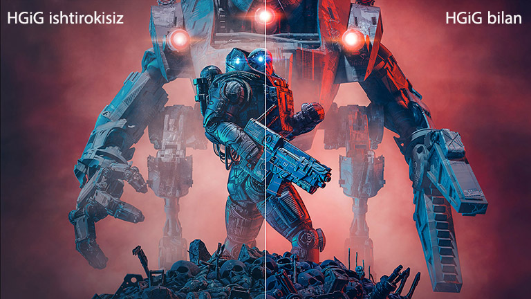 Oʻzaro farqni koʻrsatuvchi tasvir: rasmning chap yarim tomoni HGiG ishtirokisiz, oʻng yarmi esa HGiG bilan.