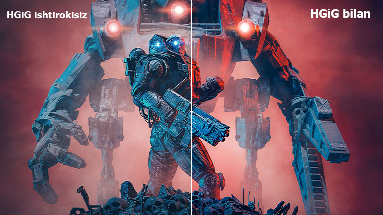 Oʻzaro farqni koʻrsatuvchi tasvir: rasmning chap yarim tomoni HGiG ishtirokisiz, oʻng yarmi esa HGiG bilan.