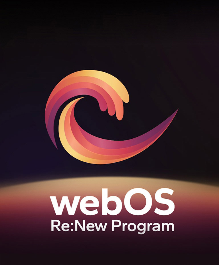 Qora fonda webOS Re:New Program logotipi quyidagi ko‘k va binafsha rangli dumaloq shar bilan. 