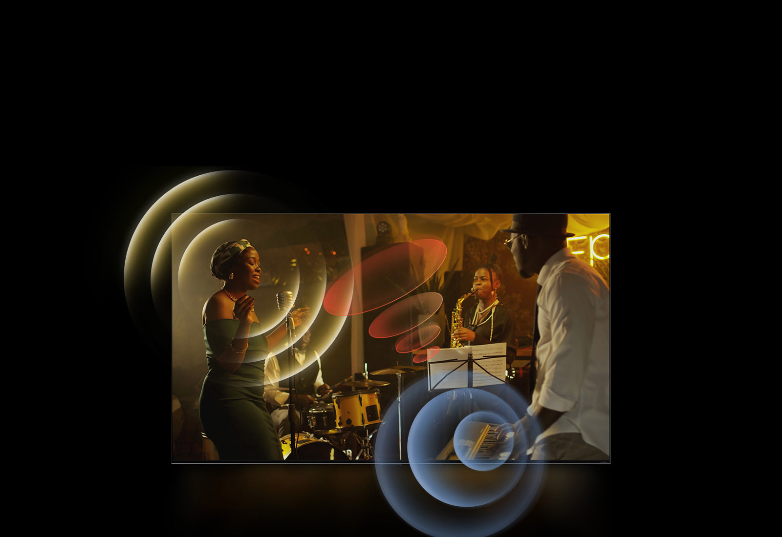 LG TV musiqachilar ijrosi aks ettirilgan, xona bo‘ylab yorqin aylanali grafikalar mavjud.