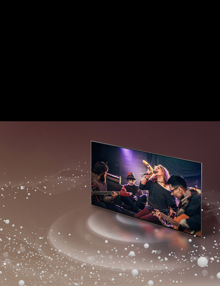 LG TV tovush pufakchalari va to‘lqinlari ekrandan tarqalgan va xonani to‘ldirgan holda tasvirlangan.