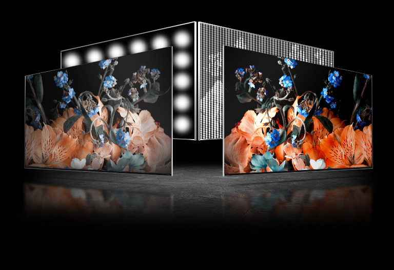 Ikkita televizor ekrani bor - biri chapda, ikkinchisi o'ngda. Har bir televizorda rangli kristallning bir xil tasvirlari mavjud. Chapdagi rasm biroz oqarib ketgan, o'ngdagi tasvir esa juda jonli. Televizorning o'ngdagi pastki chap burchagida protsessor chipi tasviri mavjud.