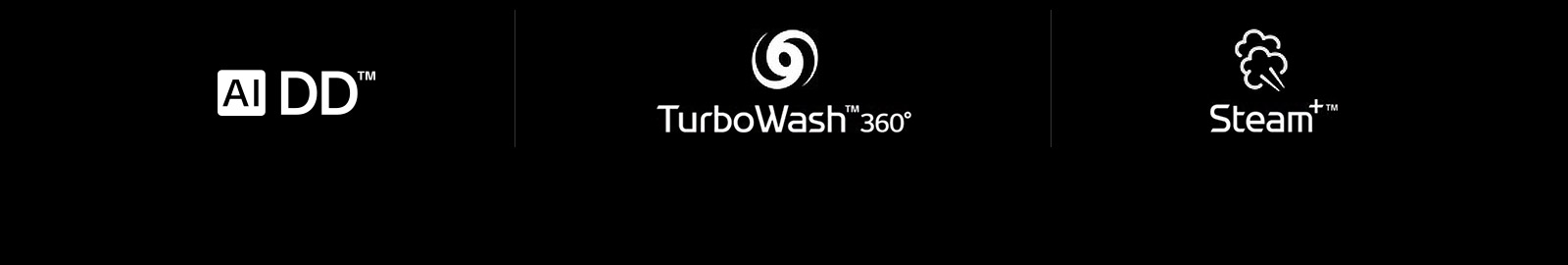 Quyidagi toʻrtta LG belgilari joylashgan qator: AI DD belgisi. TurboWash 360 belgisi. Steam belgisi.