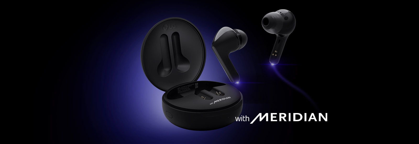 Ochiq quvvatlash keysi ustida moviy nur chiqaruvchi, quloqliklarning pastki dastak qismini koʻrsatuvchi quloqliklar tasviri