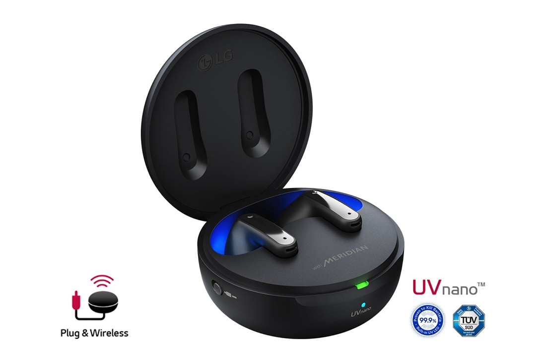 LG TONE Free FP9 simsiz quloqchinlari | Meridian | Uvnano, A 15 degrees angle of cradle opened up with mood lighting on and UVnano and Plug&wireless logos, TONE-FP9