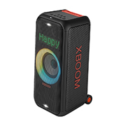 LG XBOOM XL7S, Chap taraf oldga qaratilgan, barcha chiroqlar yoniq. U Dinamik pikselli yoritish panelida matnni ko‘rsatmoqda; Xursand., XL7S, thumbnail 2