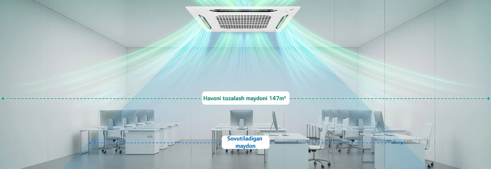 Dual vane cassette ofis, savdo markazi, maktab va bolalar bogʻchasini toza va sogʻlom havo bilan taʼminlaydi va 142 ㎡ maydonni qoplaydi.