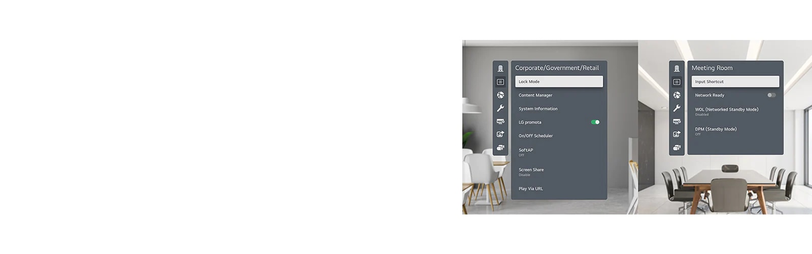 Eng koʻp ishlatiladigan menyular tarmoqlar boʻyicha guruhlangan: chapda “Korporativ / davlatga qarashli / chakana savdo”, oʻngda esa “Konferensiya zali”.