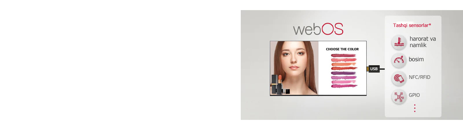 Turli sensorlar va signage USB plagin orqali ulanishi mumkin. Bu oson qoʻshimcha qiymatli yechimlar bilan taʼminlaydi.