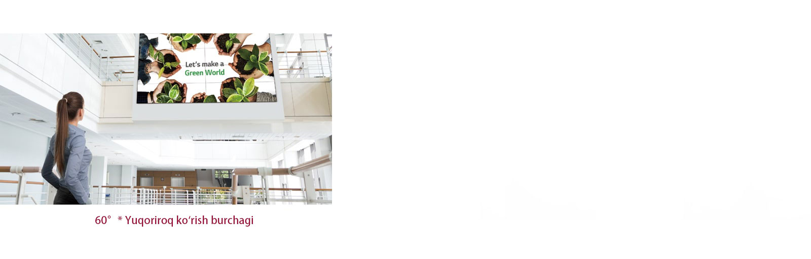 Ayol kishi tepaga oʻrnatilgan ekranga qaramoqda.