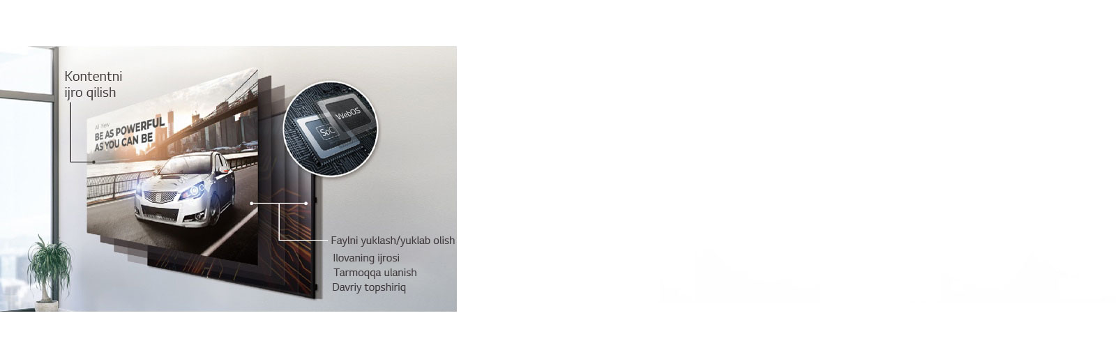 Oʻrnatilgan SoC va webOS aqlli peshtaxta platformalari bir vaqtda bir nechta vazifalarni amalga oshira olish qobiliyatini namoyish qilmoqda.