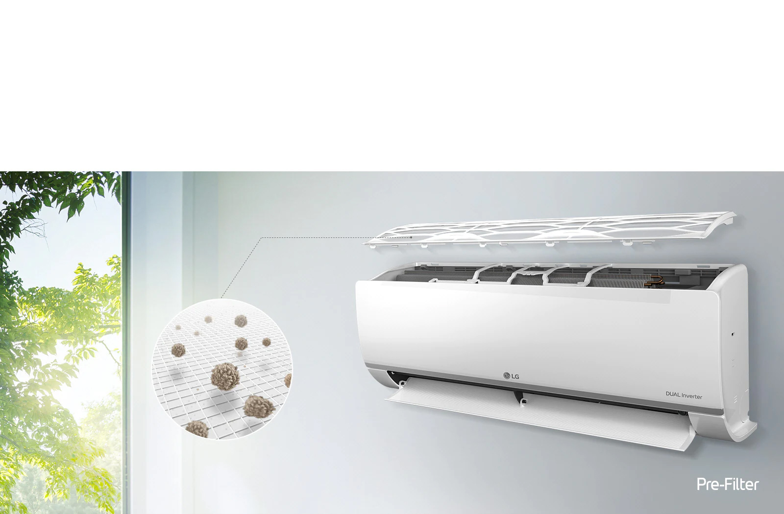 LG klima uređaj je postavljen na zid i gleda se iz bočnog ugla. Gornji panel lebdi iznad i mogu se videti unutrašnji filteri. Linija od predfiltera vodi do uvećanog kruga gde se prikazuje prašina zadržana na predfilteru. Logotip Pre-Filter prikazan je u donjem desnom uglu.
