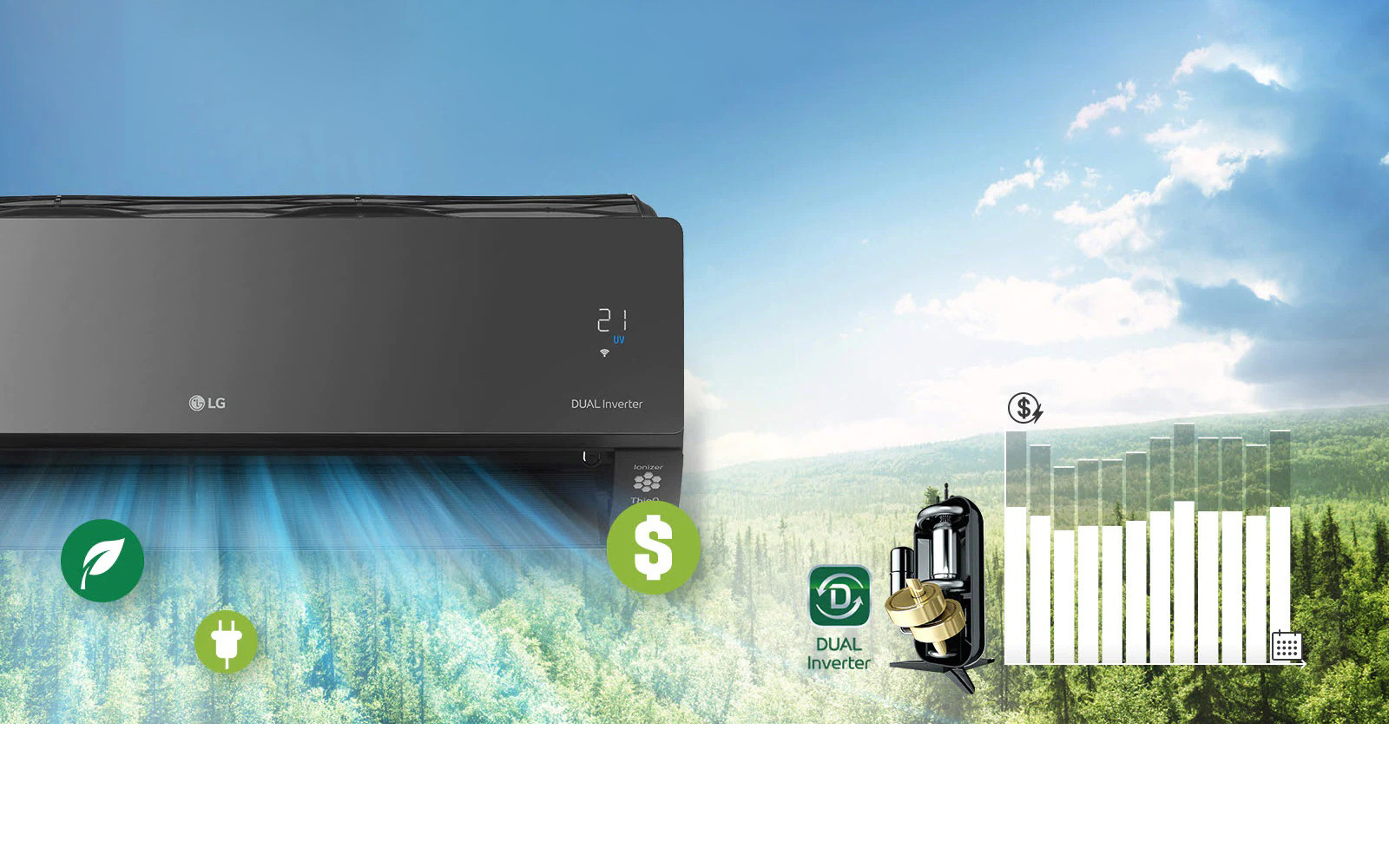 Orqa fonda oʻrmon manzarasi, yon tomonda LG konditsionerining yarmi koʻrinib turibdi. LG va Dual Inverter logotipini mashinada koʻrish mumkin, havo sifati paneli esa yashil rangda yonib turibdi. Konditsioner havo puflash qismining oldida toza havo, pul va energiyani ifodalovchi uch belgi turibdi. Qurilmaning oʻng tomonida Dual Inverter logotipi va Dual Inverter tasviri turibdi. Undan keyin oʻng tomonda gistogramma turibdi. Tasmalar kengayadi, bu sarflangan pulning koʻpayishini koʻrsatadi, soʻng tushib, ikki tomonlama invertor mijozlarning naqdini tejashini koʻrsatadi.