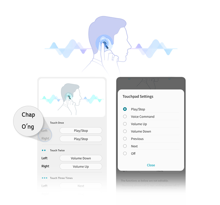 Qulogʻidagi quloqlikka tegib turgan kishining yondan tasviri. Odamlar chap va oʻng quloqlik sensorli paneli parametrlarini rostlashi mumkinligini namoyish etuvchi ilova ekranidan koʻchirmalar.