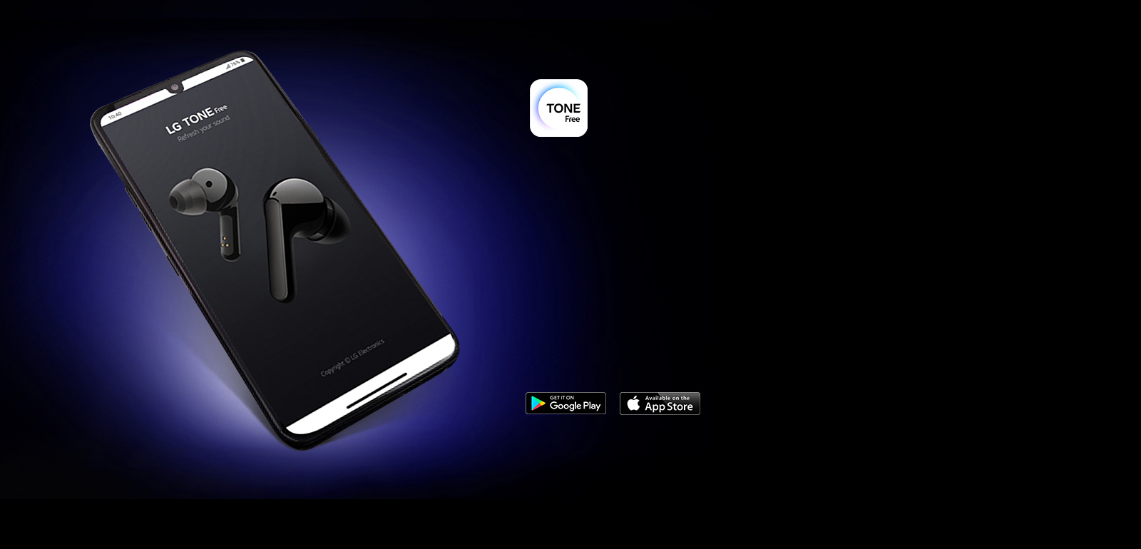 LG TONE Free ilovasi o‘rnatilgan smartfon qorong‘u fonda. Ilova nishonchalari o‘ngda ko‘rsatilgan.