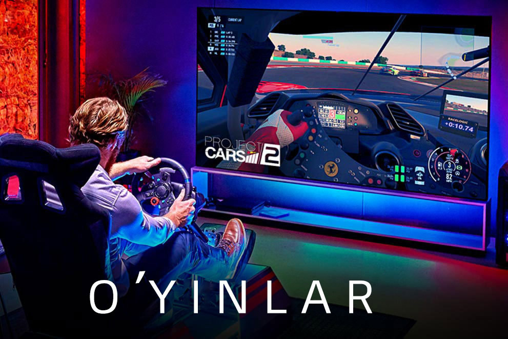 Erkak katta LG OLED televizori qarshisida oʻtirib olib, poyga oʻyini oʻynamoqda