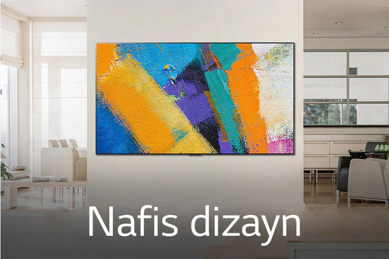 Devorga mahkamlangan Gallery Design televizorining keng burchakli fotosurati, ekranda kartina namoyish etilgan OʻZI YONUVCHI PIKSELLAR qanday qilib hayotingizni sanʼatga toʻldirishi mumkinligini bilib oling