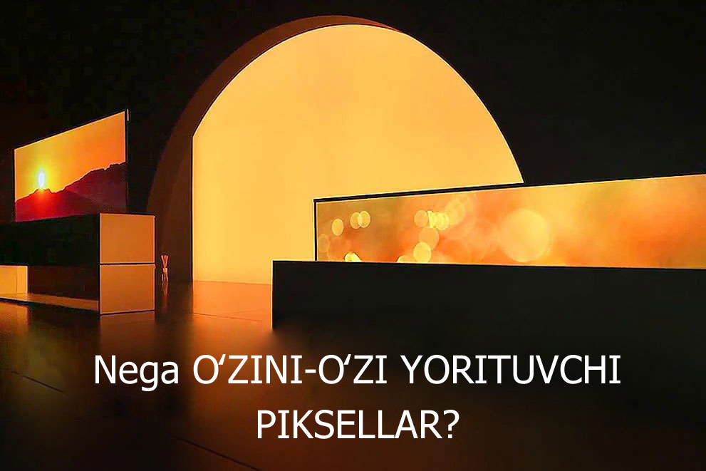 Qorongʻi xonaga oʻrnatilgan ikki LG televizorida quyoshning chiqishi toʻliq va qisman kengaytirilgan ekranda namoyish qilinmoqda