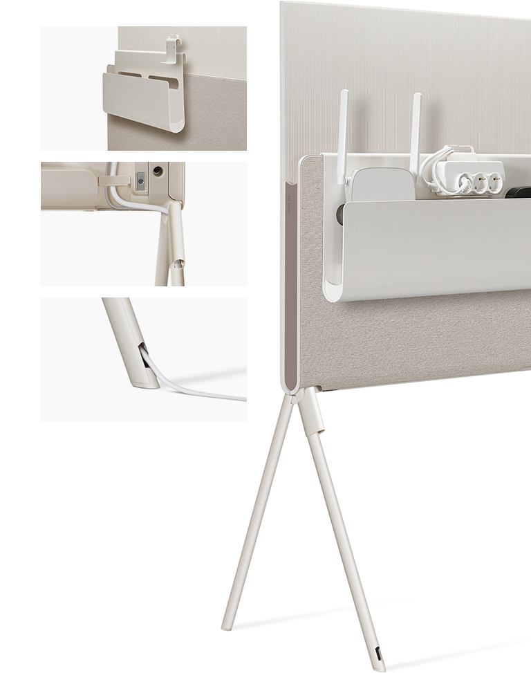 Media-polkaga bosilgan Posé kabel va aksessuarlar organayzerining yaqindan ko‘rinishi. Televizor tagidagi olinadigan kabel ushlagichining yaqindan ko‘rinishi. Televizor oyog‘idan chiqib ketayotgan kabelning yaqindan ko‘rinishi. Posé televizorining router, rozetka va qurilma ushlab turgan Kabel va aksessuarlar organayzori bilan orqa tomondan qisman koʻrinishi.