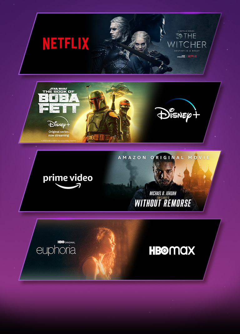 4 ta tasvir bloki berilgan – har birida striming platformasi logotipi va kadrlar tasviri bor. Netflix logotipi “Jodugar” filmi bilan, Disney plyus logotipi “Boba fett” filmi bilan, prime video logotipi “Shafqatsiz” filmi bilan va HBO max logotipi “Eyforiya” filmi bilan.