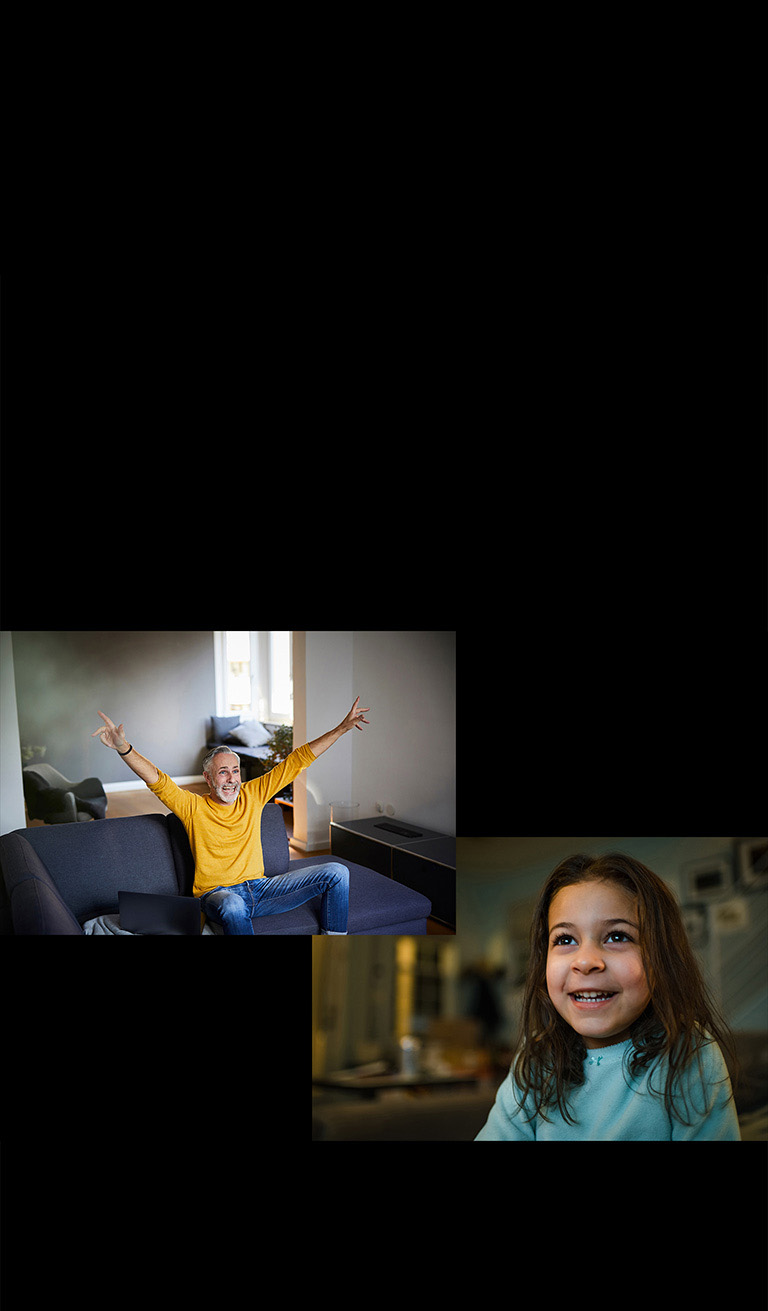 Yuqori chap burchakdagi rasmda divanda oʻtirgan bir otaxon xursand holatda nimadir tomosha qilyapti. Bir qiz xursand holatda nimadir tomosha qilyapti.