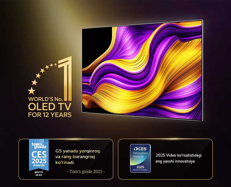 LG OLED TV 12 yil davomida dunyodagi birinchi raqamli OLED TV. Yutilgan mukofotlar ham ko‘rsatilgan. Tom's Guide 2025 CES Mukofotlari, Eng yaxshi TV, G5 yanada yorqinroq va rang-barangroq ko‘rinadi. 2025 CES Innovation Awards, 2025 Video displey toifasi uchun eng yaxshi innovatsiyalar.