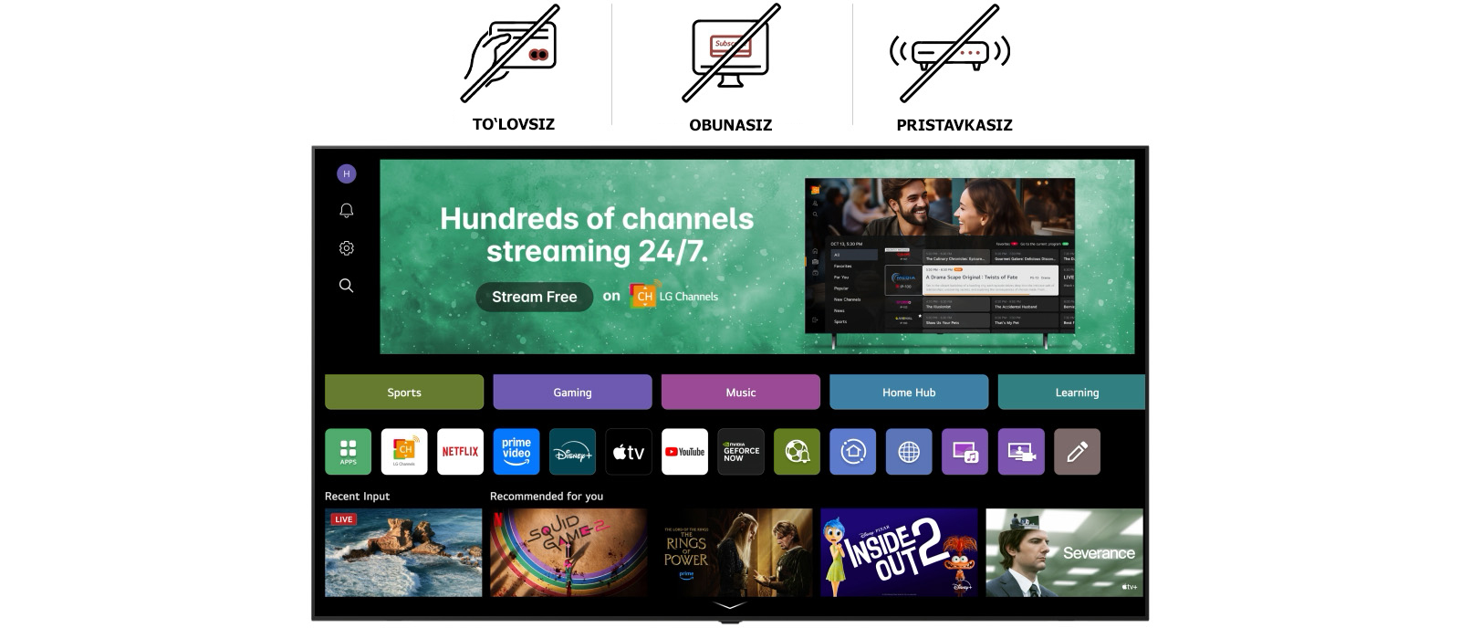 LG Smart TV bosh ekrani obuna, to‘lov yoki pristavkasiz mavjud bo‘lgan bepul jonli telekanallar, filmlar va eksklyuziv kontentning keng tanlovini taklif qiluvchi LG Channels interfeysiga ochiladi. Video har bir LG Smart televizoriga o‘rnatilgan yuzlab ko‘ngilochar funksiyalarga oson kirishni namoyish etadi.