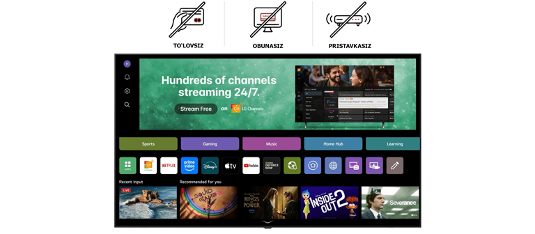 LG Smart TV bosh ekrani obuna, to‘lov yoki pristavkasiz mavjud bo‘lgan bepul jonli telekanallar, filmlar va eksklyuziv kontentning keng tanlovini taklif qiluvchi LG Channels interfeysiga ochiladi. Video har bir LG Smart televizoriga o‘rnatilgan yuzlab ko‘ngilochar funksiyalarga oson kirishni namoyish etadi.