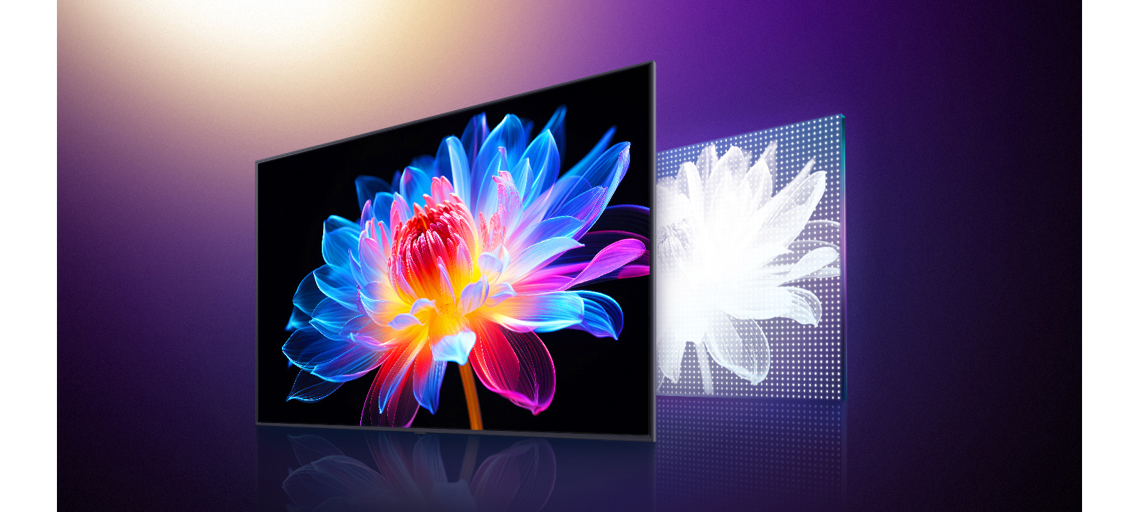 MiniLED qanday qilib boshqa an’anaviy LED televizorlarga qaraganda yaxshiroq ko‘rsatishini ko‘rsatuvchi ketma-ketlik. 3D gologramma gulli LG TV ekrani quyuq fonda. Televizorning orqasida an’anaviy LED televozirlarning ekranda qanday joylashtirilganligining grafik tasviri mavjud. LED televizorlar katta va bir nechta. Gul xira va kulrang. MiniLED televizoriga o‘tish, unda gul yorqinroq, yanada to‘yingan va katta kontrastga ega. MiniLED grafik tasviri, shuningdek, ekranda ko‘proq miqdordagi kichikroq LED chiroqlarni ko‘rsatadi.