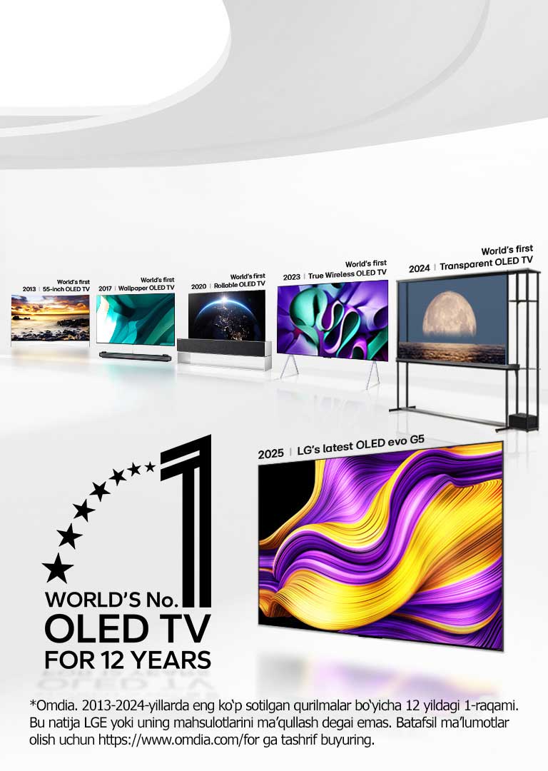 OLED TV’lari bilan toʻldirilgan katta oq boʻshliq LG oʻn yildan koʻproq vaqt davomida innovatsion innovatsiyalarni qanday joriy qilayotganini koʻrsatadi. “12 yil davomida dunyoning birinchi raqamli OLED TV” emblemasi ham ko‘rinib turibdi.