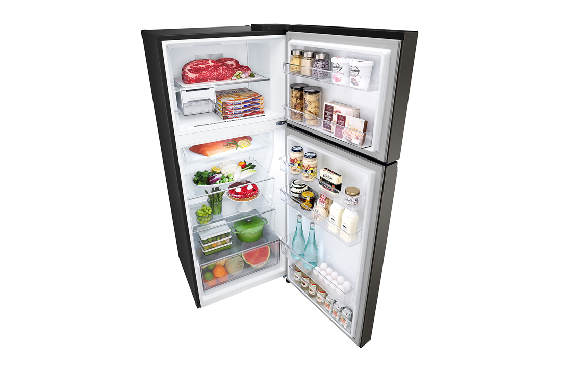 LG 395 hajmli | Yuqori sovutgichli LG kamerali muzlatgich | Qora  | DoorCooling+™ | HygieneFresh+™ | Smart Inverter Compressor, ichida mahsulotlari bilan tepadan ochiq koʻrinishi, GN-B332SMGB, thumbnail 11