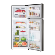 LG 395 hajmli | Yuqori sovutgichli LG kamerali muzlatgich | Qora  | DoorCooling+™ | HygieneFresh+™ | Smart Inverter Compressor, ichida mahsulotlari bilan oldindan ochiq koʻrinishi, GN-B332SMGB, thumbnail 2