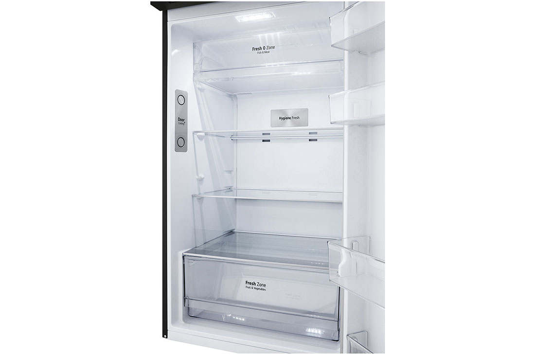 LG Hajm 395 l |  Yuqori muzlatgich kamerali LG sovutgich | Qora | DoorCooling+™ | HygieneFresh+™ | Smart Inverter Compressor, Spaceplus muz tizimim biriktirilgan va masalliqlar bilan ustki muzlatkich ochilgan, GN-B392SBBB, thumbnail 6