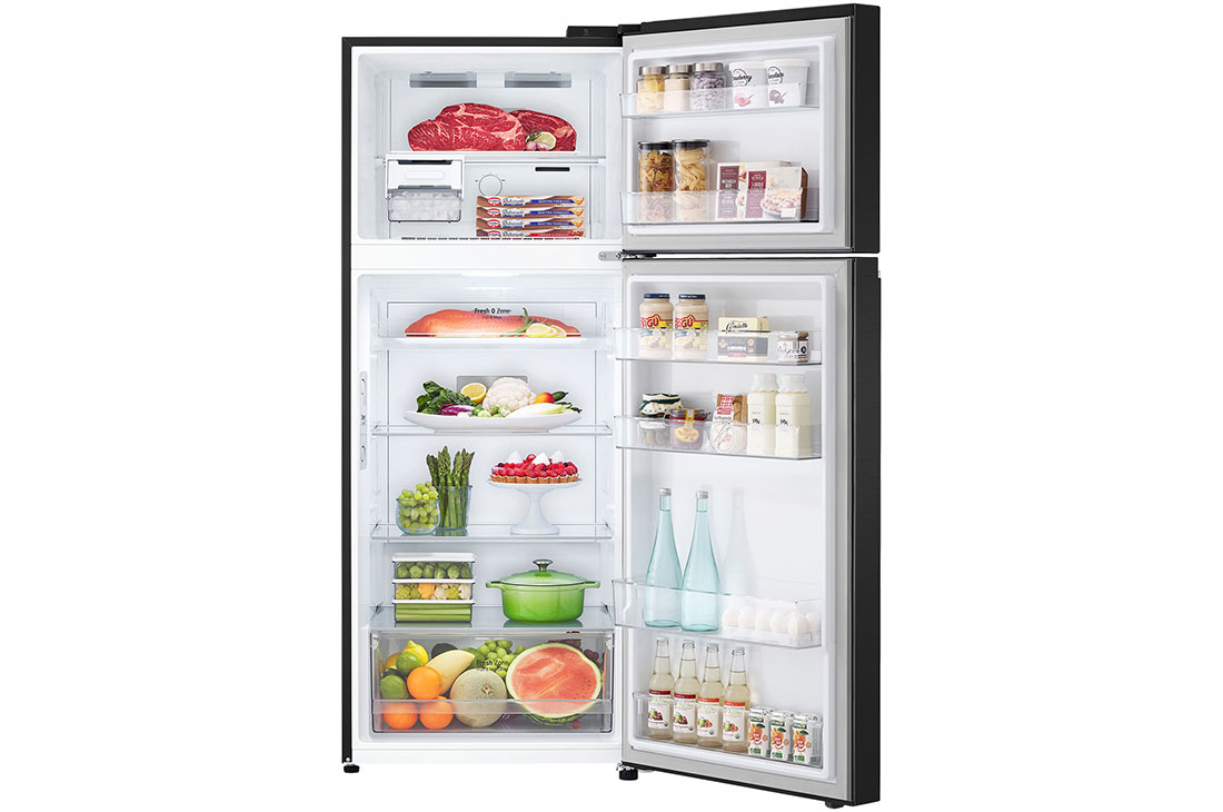 LG Hajm 395 l |  Yuqori muzlatgich kamerali LG sovutgich | Qora | DoorCooling+™ | HygieneFresh+™ | Smart Inverter Compressor, ichida mahsulotlari bilan oldindan ochiq koʻrinishi, GN-B392SBBB, thumbnail 2