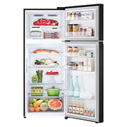 LG Hajm 395 l |  Yuqori muzlatgich kamerali LG sovutgich | Qora | DoorCooling+™ | HygieneFresh+™ | Smart Inverter Compressor, ichida mahsulotlari bilan oldindan ochiq koʻrinishi, GN-B392SBBB, thumbnail 2