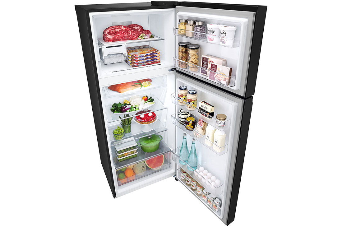 LG Hajm 395 l |  Yuqori muzlatgich kamerali LG sovutgich | Qora | DoorCooling+™ | HygieneFresh+™ | Smart Inverter Compressor, ichida mahsulotlari bilan tepadan ochiq koʻrinishi, GN-B392SBBB, thumbnail 11