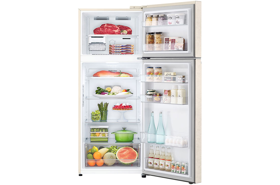 LG Hajm 395 l |  Yuqori muzlatgich kamerali LG sovutgich | Qaymoq rang | DoorCooling+™ | HygieneFresh+™ | Smart Inverter Compressor, вид спереди с открытой дверцей с хранящимися внутри продуктами, GN-B392SEBB, thumbnail 2