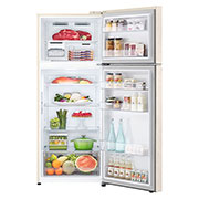 LG Hajm 395 l |  Yuqori muzlatgich kamerali LG sovutgich | Qaymoq rang | DoorCooling+™ | HygieneFresh+™ | Smart Inverter Compressor, вид спереди с открытой дверцей с хранящимися внутри продуктами, GN-B392SEBB, thumbnail 2