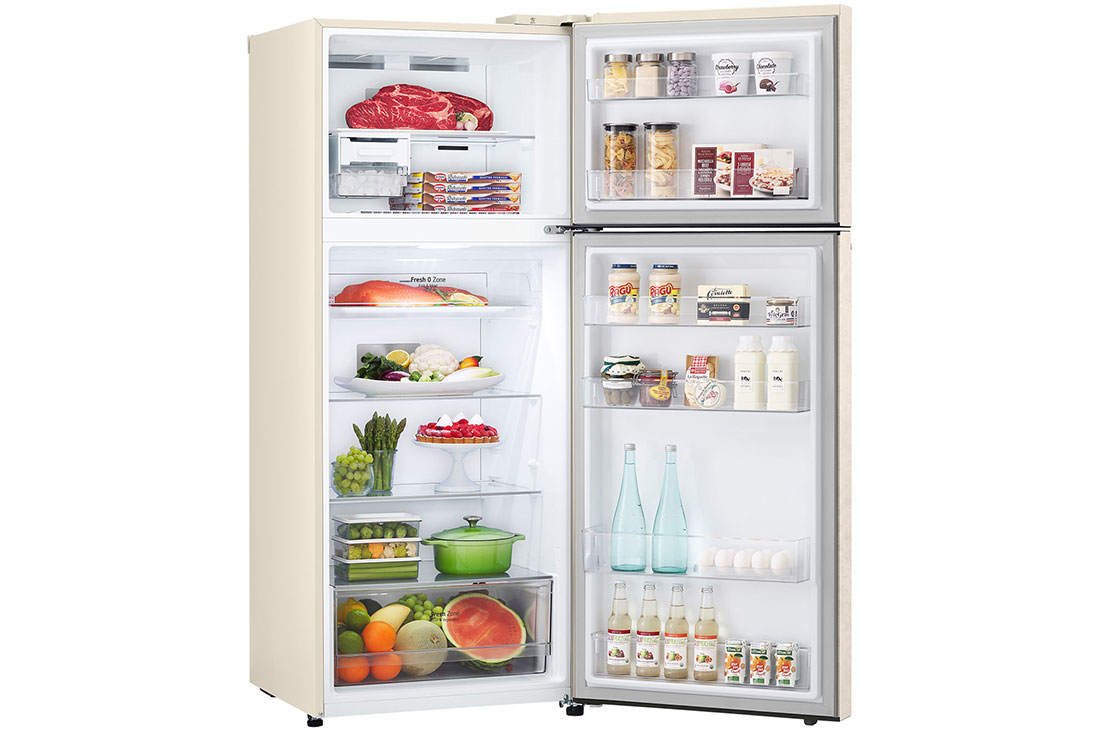 LG Hajm 395 l |  Yuqori muzlatgich kamerali LG sovutgich | Qaymoq rang | DoorCooling+™ | HygieneFresh+™ | Smart Inverter Compressor, вид сверху в перспективе с открытой дверцей и хранящимися внутри продуктами, GN-B392SEBB, thumbnail 10