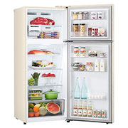 LG Hajm 395 l |  Yuqori muzlatgich kamerali LG sovutgich | Qaymoq rang | DoorCooling+™ | HygieneFresh+™ | Smart Inverter Compressor, вид сверху в перспективе с открытой дверцей и хранящимися внутри продуктами, GN-B392SEBB, thumbnail 10