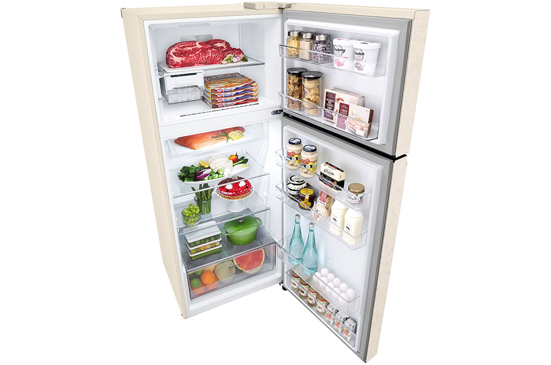 LG Hajm 395 l |  Yuqori muzlatgich kamerali LG sovutgich | Qaymoq rang | DoorCooling+™ | HygieneFresh+™ | Smart Inverter Compressor, вид сверху в перспективе с открытой дверцей и хранящимися внутри продуктами, GN-B392SEBB, thumbnail 11