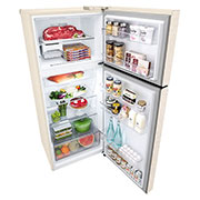 LG Hajm 395 l |  Yuqori muzlatgich kamerali LG sovutgich | Qaymoq rang | DoorCooling+™ | HygieneFresh+™ | Smart Inverter Compressor, вид сверху в перспективе с открытой дверцей и хранящимися внутри продуктами, GN-B392SEBB, thumbnail 11