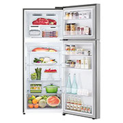 LG Hajm 395 l |  Yuqori muzlatgich kamerali LG sovutgich | Kulrang | DoorCooling+™ | HygieneFresh+™ | Smart Inverter Compressor, ichida saqlangan mahsulotlar bilan ochiq eshik bilan ko'rish, GN-B392SMBB, thumbnail 2