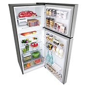 LG Hajm 395 l |  Yuqori muzlatgich kamerali LG sovutgich | Kulrang | DoorCooling+™ | HygieneFresh+™ | Smart Inverter Compressor, eshik ochiq va ichida saqlanadigan oziq-ovqat bilan yuqori istiqbolli ko'rinish, GN-B392SMBB, thumbnail 11